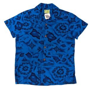 Vintage Ui-MaiKai Hawaiian Shirt Mens Medium Blue Islands Map Floral Aloha Tiki